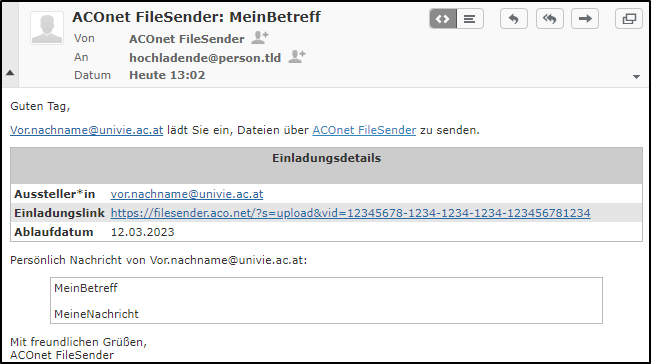 Screenshot Nachricht an externe Person