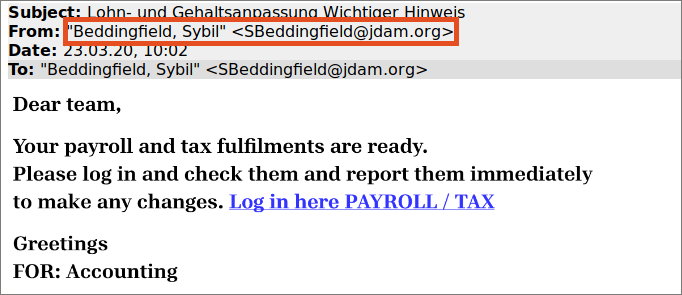 Screenshot – example phishing payslip
